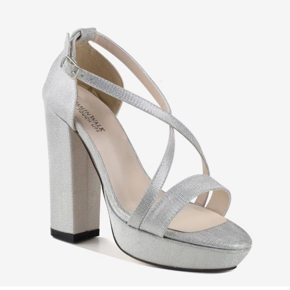 Chloe Chunky Platform Block Heel Silver Holiday Criss Cross Vamp Strappy 4” - Picture 15 of 16